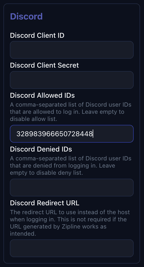 zipline settings oauth allow deny list