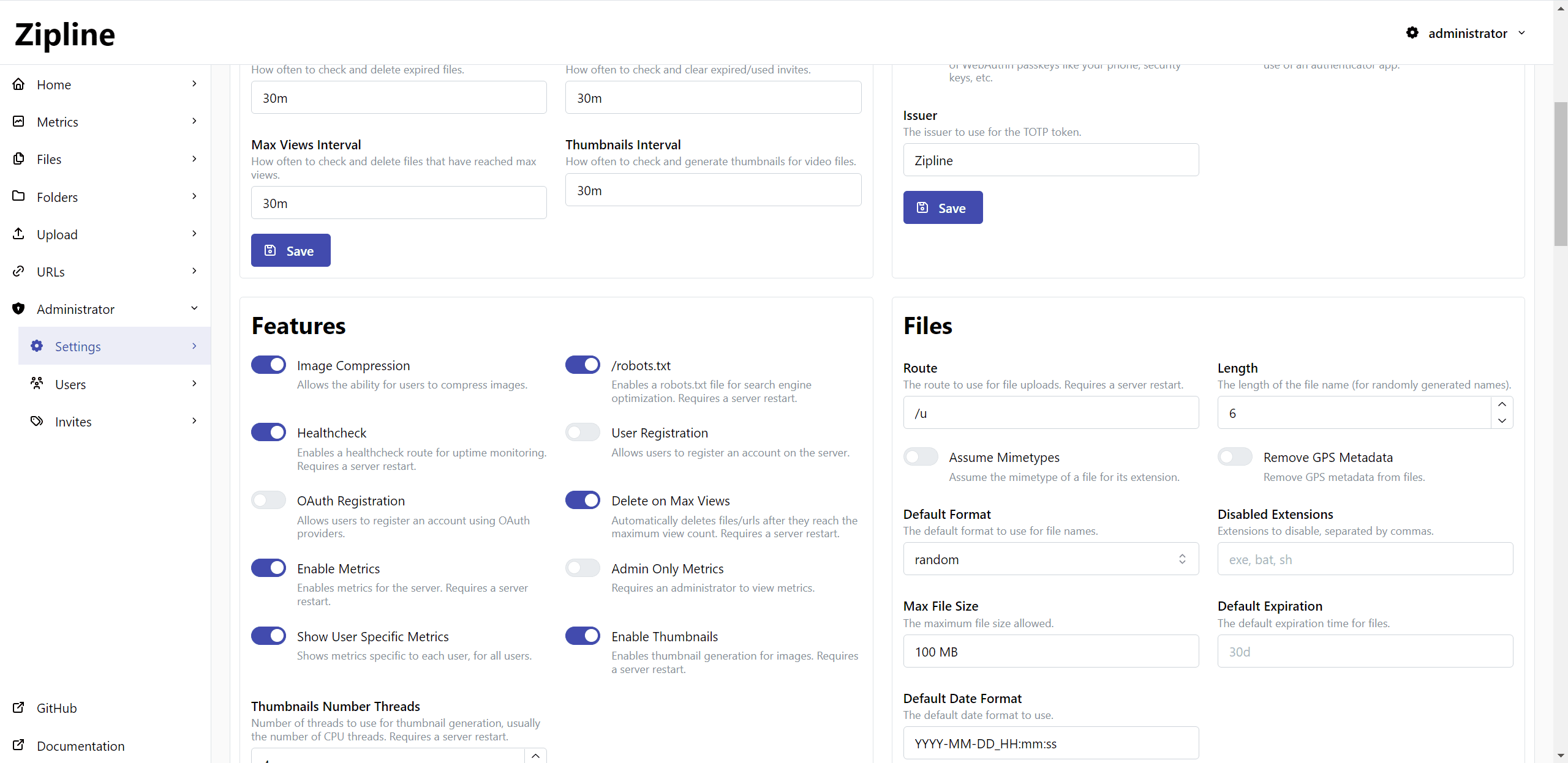 Settings page screenshot
